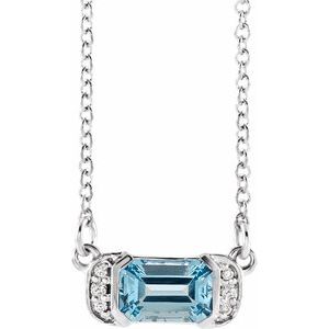 Ladies Natural Aquamarine Natural Diamond Bar Necklace (I1, G-H) — Sterling Silver