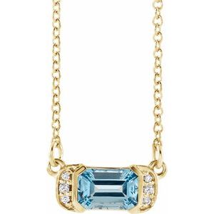 Ladies Natural Aquamarine Natural Diamond Bar Necklace (I1, G-H) — 14K Yellow Gold