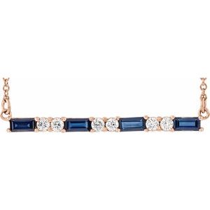 Ladies Natural Blue Sapphire Natural Diamond Bar Necklace (I1, G-H) — 14K Rose Gold