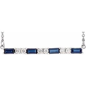 Ladies Natural Blue Sapphire Natural Diamond Bar Necklace (I1, G-H) — Sterling Silver
