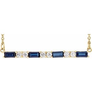 Ladies Natural Blue Sapphire Natural Diamond Bar Necklace (I1, G-H) — 14K Yellow Gold