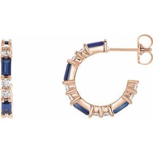Ladies Natural Blue Sapphire Natural Diamond 17.2 mm Hoop Earrings (I1, G-H) — 14K Rose Gold
