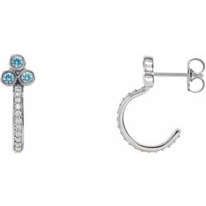 Ladies Natural Blue Zircon Natural Diamond J-Hoop Earrings (I1, G-H) — 14K White Gold