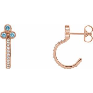 Ladies Natural Blue Zircon Natural Diamond J-Hoop Earrings (I1, G-H) — 14K Rose Gold