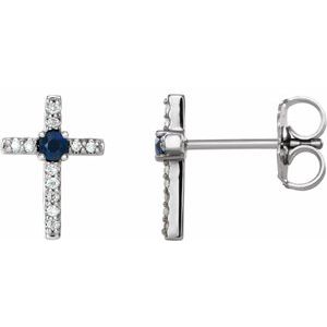 Ladies Natural Blue Sapphire Natural Diamond Cross Earrings — 14K White Gold