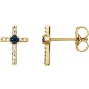 Ladies Natural Blue Sapphire Natural Diamond Cross Earrings — 14K Yellow Gold