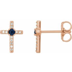 Ladies Natural Blue Sapphire Natural Diamond Cross Earrings — 14K Rose Gold