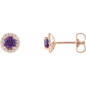Ladies 3 mm Natural Amethyst Natural Diamond Earrings — 14K Rose Gold