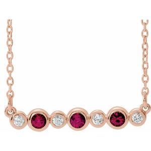 Ladies Natural Ruby Natural Diamond Bezel-Set Necklace (I1, G-H) — 14K Rose Gold