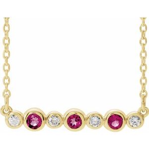 Ladies Natural Pink Tourmaline Natural Diamond Bezel-Set Necklace (I1, G-H) — 14K Yellow Gold