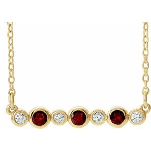 Ladies Natural Mozambique Garnet Natural Diamond Bezel-Set Necklace (I1, G-H) — 14K Yellow Gold