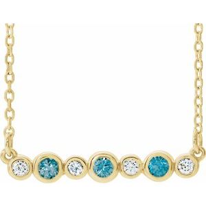 Ladies Natural Blue Zircon Natural Diamond Bezel-Set Necklace (I1, G-H) — 14K Yellow Gold