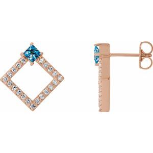 Ladies Natural Aquamarine Natural Diamond Earrings — 14K Rose Gold