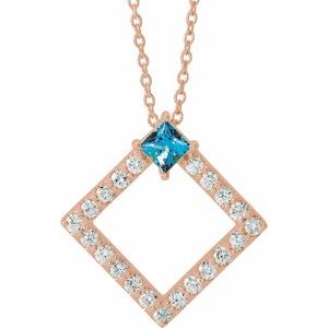 Ladies Natural Aquamarine Natural Diamond Necklace (I1, G-H) — 14K Rose Gold