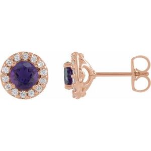 Ladies 4 mm Natural Amethyst Natural Diamond Earrings — 14K Rose Gold