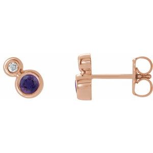Ladies 5 mm Natural Amethyst Natural Diamond Earrings — 14K Rose Gold
