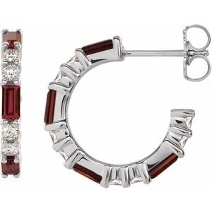 Ladies Natural Mozambique Garnet Natural Diamond 17.2 mm Hoop Earrings (I1, G-H) — Sterling Silver