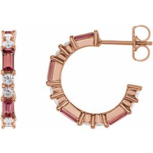 Ladies Natural Pink Tourmaline Natural Diamond 17.2 mm Hoop Earrings (I1, G-H) — 14K Rose Gold