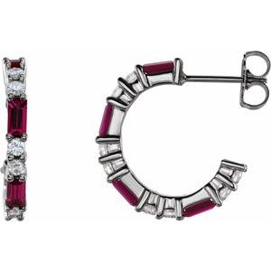 Ladies Natural Ruby Natural Diamond 17.2 mm Hoop Earrings (I1, G-H) — 14K White Gold