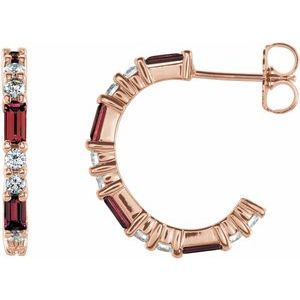Ladies Natural Mozambique Garnet Natural Diamond 17.2 mm Hoop Earrings (I1, G-H) — 14K Rose Gold