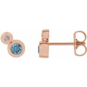 Ladies 5 mm Natural Aquamarine Natural Diamond Earrings — 14K Rose Gold