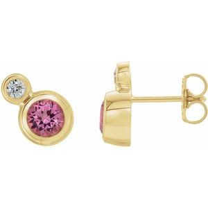 Ladies 5 mm Natural Pink Tourmaline Natural Diamond Earrings — 14K Yellow Gold