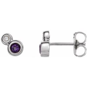 Ladies 5 mm Natural Amethyst Natural Diamond Earrings — 14K White Gold