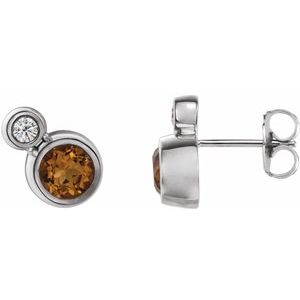 Ladies 5 mm Natural Citrine Natural Diamond Earrings — 14K White Gold