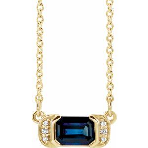 Ladies Natural Blue Sapphire Natural Diamond Bar Necklace (I1, G-H) — 14K Yellow Gold