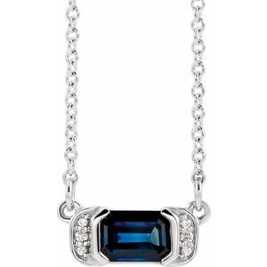Ladies Natural Blue Sapphire Natural Diamond Bar Necklace (I1, G-H) — Sterling Silver