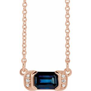 Ladies Natural Blue Sapphire Natural Diamond Bar Necklace (I1, G-H) — 14K Rose Gold