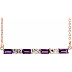 Ladies Natural Amethyst Natural Diamond Bar Necklace (I1, G-H) — 14K Rose Gold