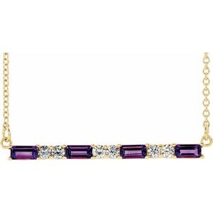 Ladies Natural Amethyst Natural Diamond Bar Necklace (I1, G-H) — 14K Yellow Gold