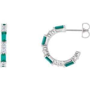 Ladies Natural Emerald Natural Diamond 17.2 mm Hoop Earrings (SI2-SI3, G-H) — Platinum
