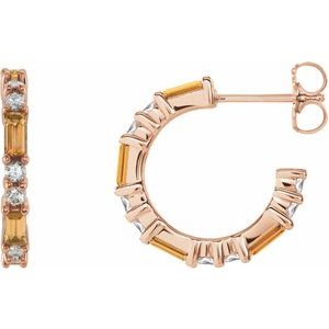 Ladies Natural Citrine Natural Diamond 17.2 mm Hoop Earrings (I1, G-H) — 14K Rose Gold