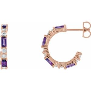 Ladies Natural Amethyst Natural Diamond 17.2 mm Hoop Earrings (I1, G-H) — 14K Rose Gold