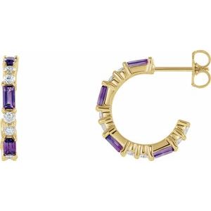 Ladies Natural Amethyst Natural Diamond 17.2 mm Hoop Earrings (I1, G-H) — 14K Yellow Gold