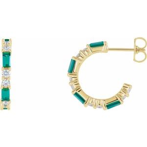 Ladies Natural Emerald Natural Diamond 17.2 mm Hoop Earrings (I1, G-H) — 14K Yellow Gold