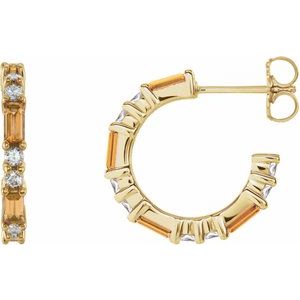 Ladies Natural Citrine Natural Diamond 17.2 mm Hoop Earrings (I1, G-H) — 14K Yellow Gold