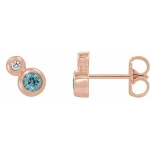 Ladies 5 mm Natural Blue Zircon Natural Diamond Earrings — 14K Rose Gold