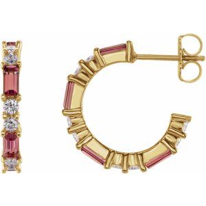 Ladies Natural Pink Tourmaline Natural Diamond 17.2 mm Hoop Earrings (I1, G-H) — 14K Yellow Gold