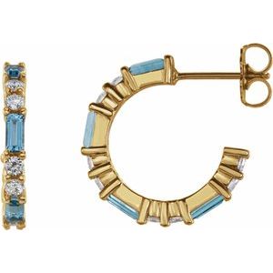 Ladies Natural Aquamarine Natural Diamond 17.2 mm Hoop Earrings (I1, G-H) — 14K Yellow Gold