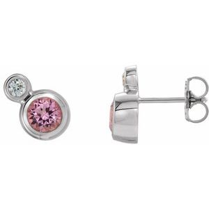 Ladies 5 mm Natural Pink Tourmaline Natural Diamond Earrings — 14K White Gold