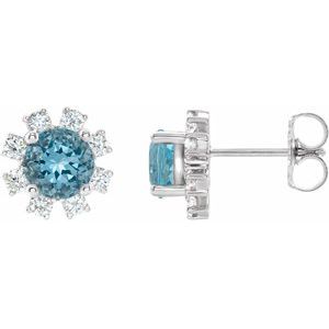 Ladies Natural Blue Zircon Natural Diamond Earrings — 14K White Gold