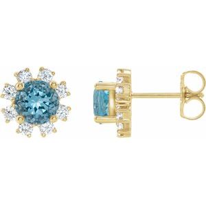 Ladies Natural Blue Zircon Natural Diamond Earrings — 14K Yellow Gold
