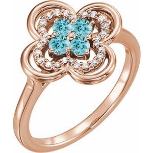 Ladies Natural Blue Zircon Natural Diamond Ring (I1, G-H) — 14K Rose Gold