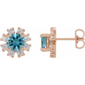 Ladies Natural Blue Zircon Natural Diamond Earrings — 14K Rose Gold