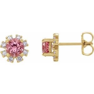 Ladies Natural Pink Tourmaline Natural Diamond Earrings — 14K Yellow Gold