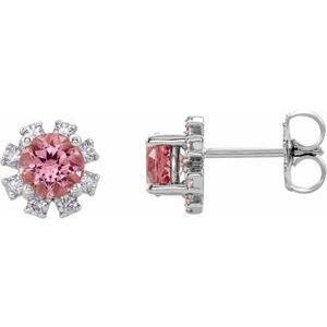 Ladies Natural Pink Tourmaline Natural Diamond Earrings — 14K White Gold