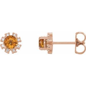 Ladies Natural Citrine Natural Diamond Earrings — 14K Rose Gold